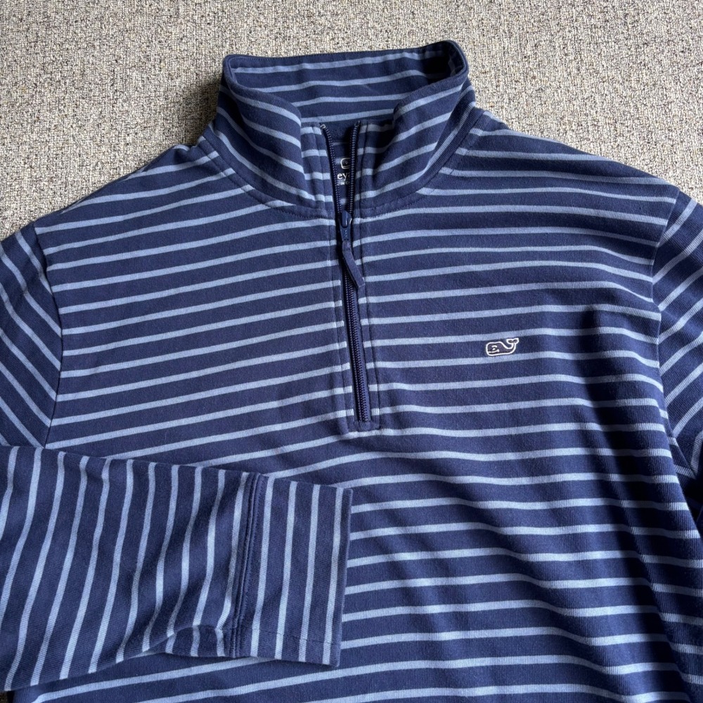 Vineyard Vines Pullover Mens Medium Quarter Zip Navy Blue Striped Cotton